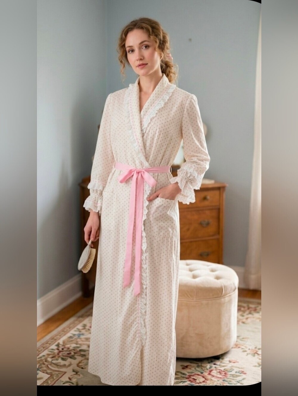VINTAGE Lace-Trim Cream Robe with Pink Waist Tie